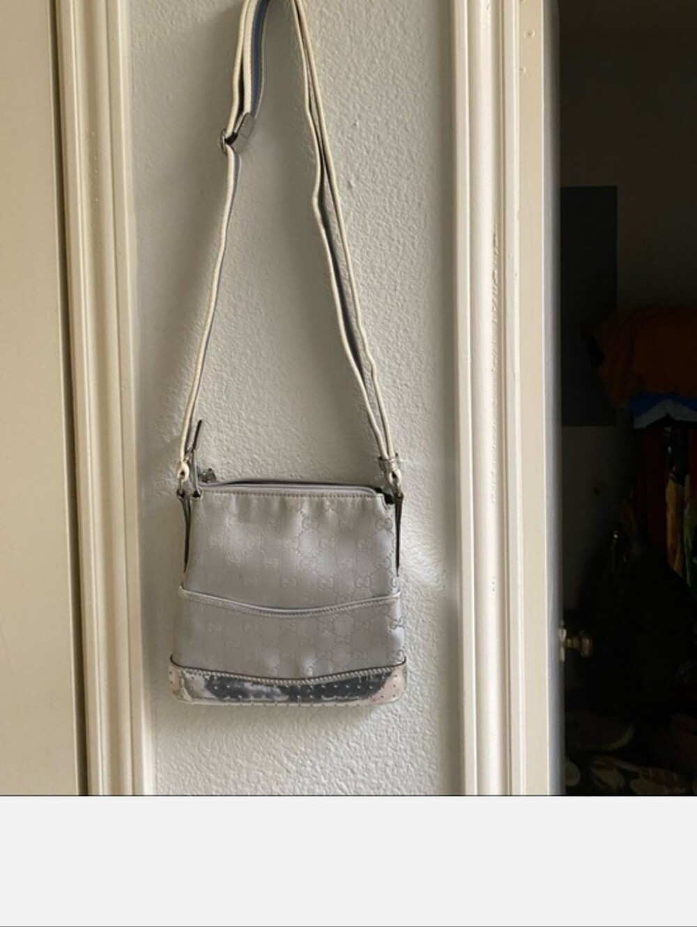 Gucci Silver Monogram Crossbody Bag with Blue and Cream Striped Strap - Picture 7 of 11